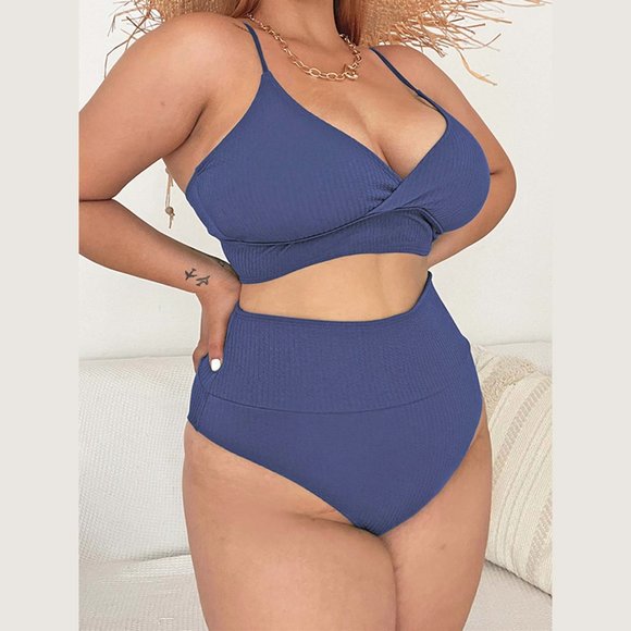 Plus Bikini Set Womens Size 16, 18, 20, 22 Blue Tie Back High Leg Swimsuits - Picture 5 of 8